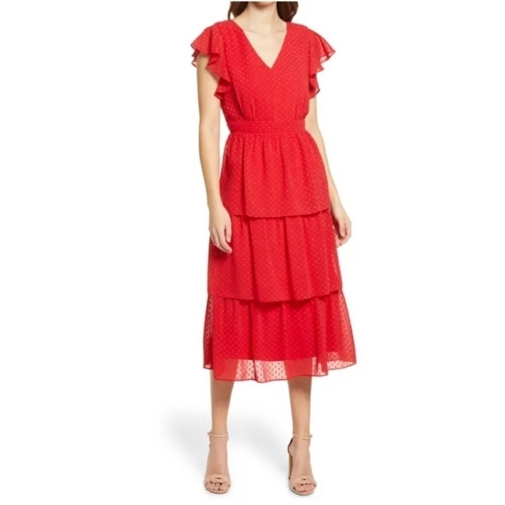 Julia Jordan Women's Red Texture Flutter Sleeve Tiered Midi Dress